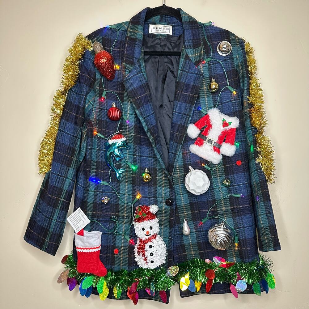 Ugly Christmas Sweater Blazer LIGHTS UP Tacky Tinsel Xmas Party Winner Large